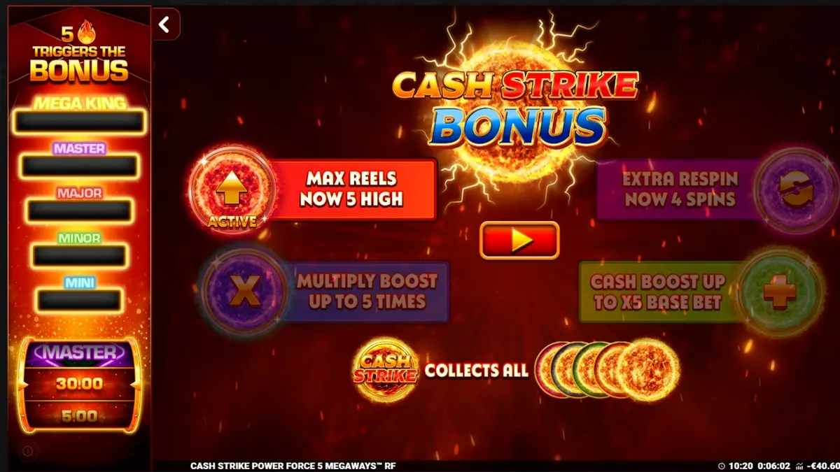 Tampilan layar permainan slot Cash Strike Power Force 5 Megaways dengan simbol buah klasik