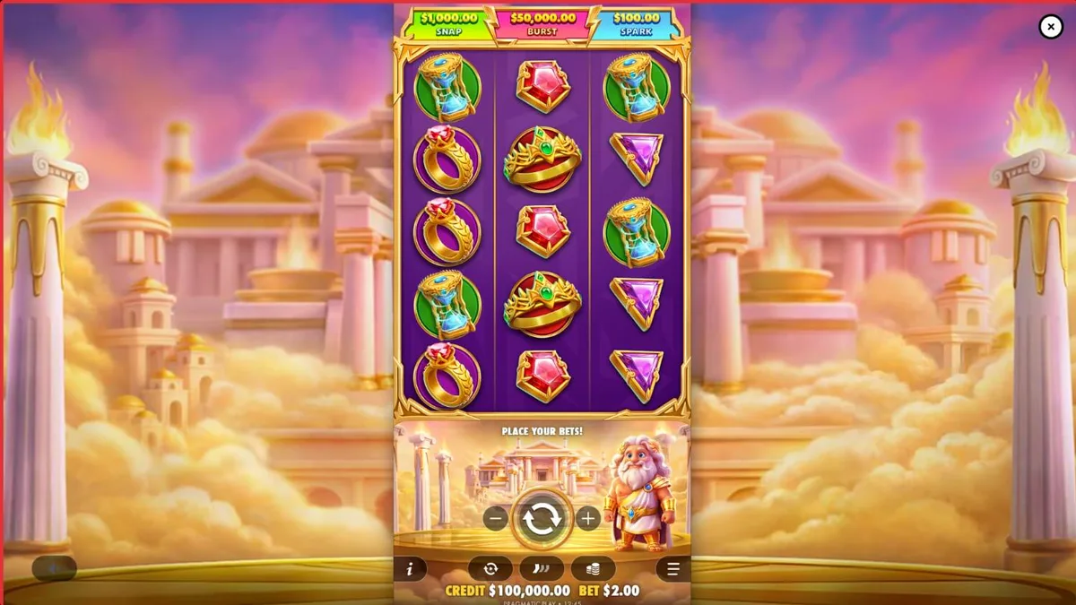 Gates of Olympus POP slot mobile interface showing the 3x5 grid and Zeus theme